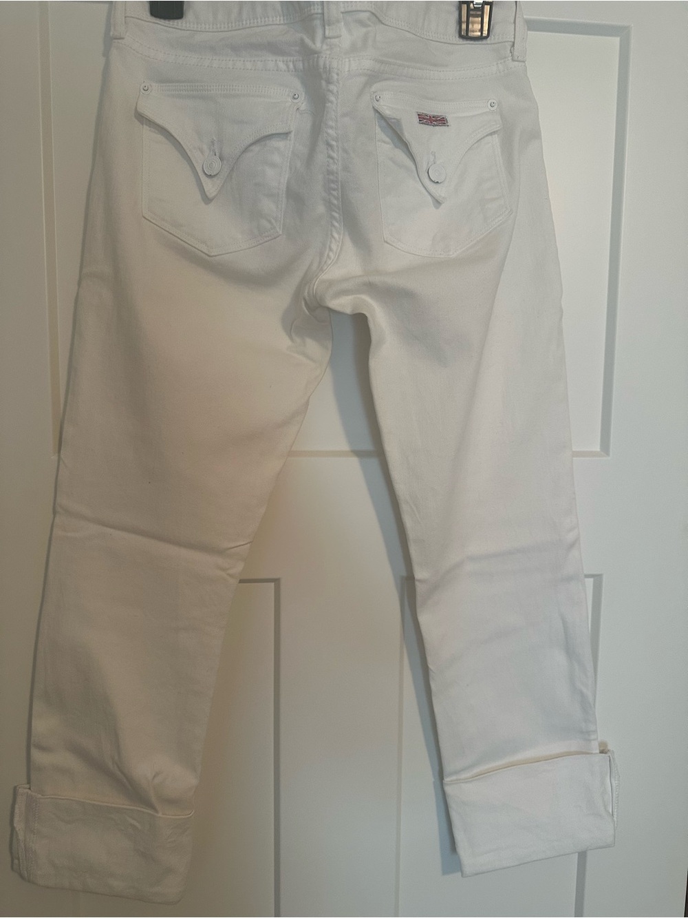 Hudson White Denim Cropped Jeans with Tri Back Pocket Flap Detail